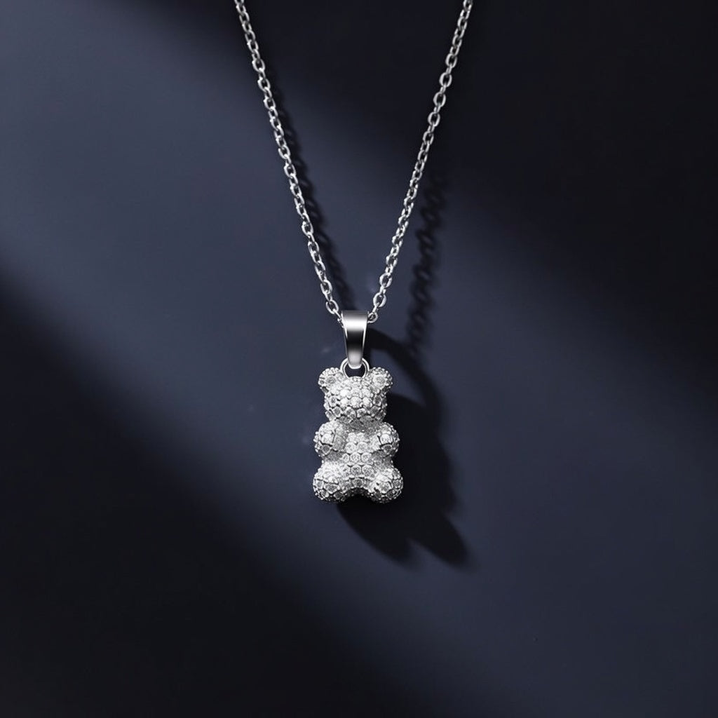 Anti-Tarnish Sparkle Teddy Pendant Necklace | Premium Silver Finish