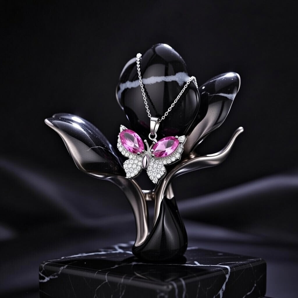 Pink Butterfly Anti-Tarnish Crystal Pendant Necklace