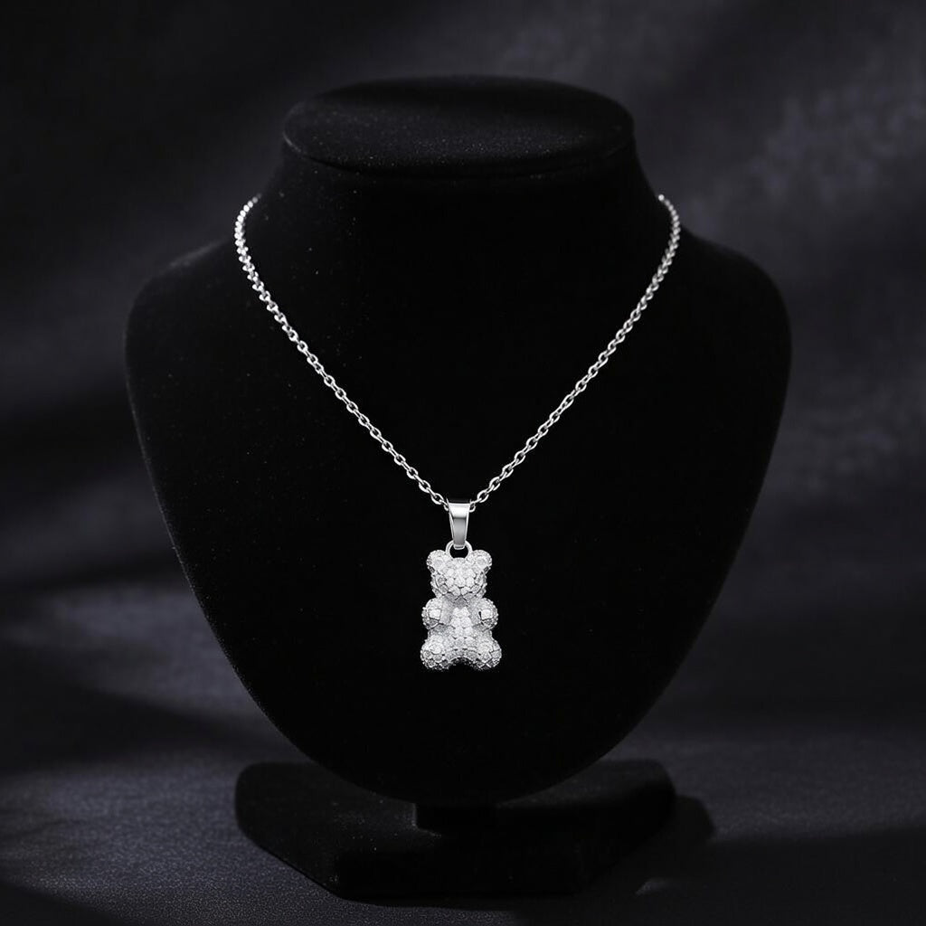 Anti-Tarnish Sparkle Teddy Pendant Necklace | Premium Silver Finish