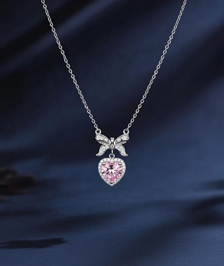Amour Bow Silver Plated Heart Pendant Necklace