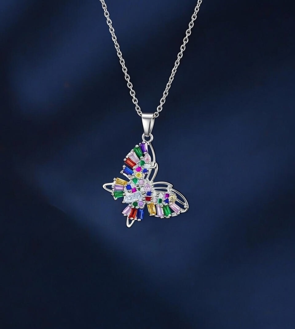 Prism Flutter Silver Plated Butterfly Pendant Necklace