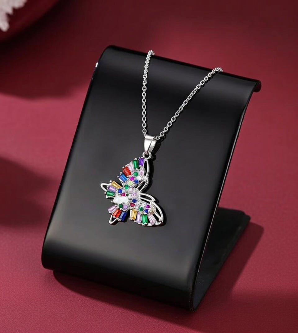 Prism Flutter Silver Plated Butterfly Pendant Necklace