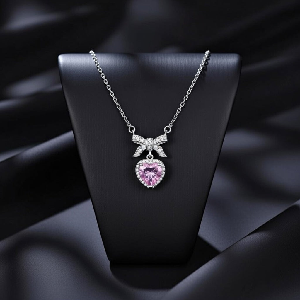 Amour Bow Silver Plated Heart Pendant Necklace