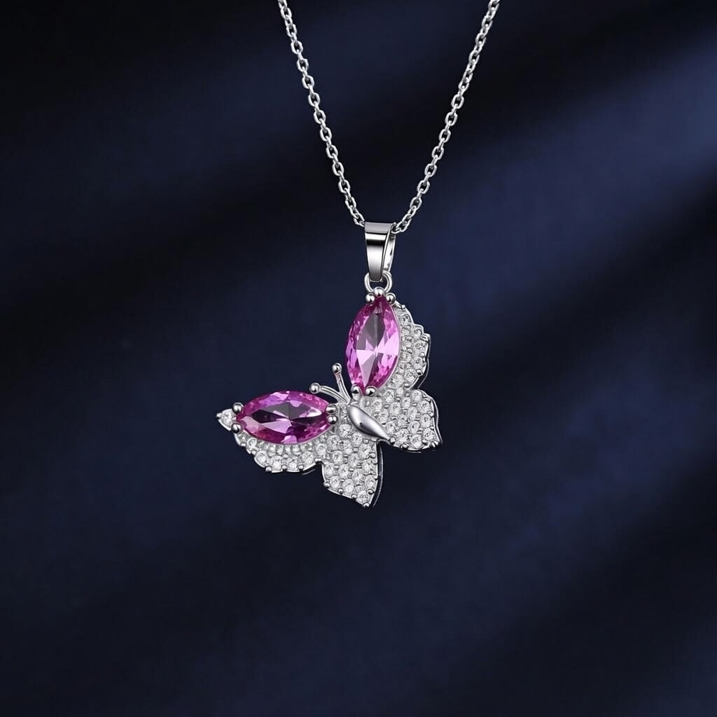 Pink Butterfly Anti-Tarnish Crystal Pendant Necklace